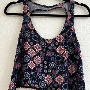 Vintage Mudd‎ Open Back Crop Top Lace Hem Navy Boho Print 90s Y2K Size XS